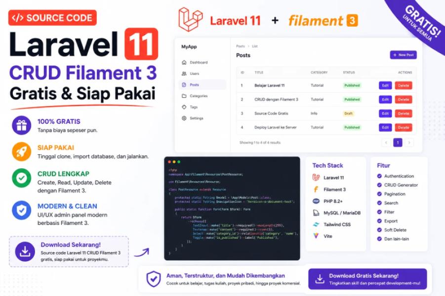 Source Code Laravel 11 CRUD Filament 3 Gratis & Siap Pakai